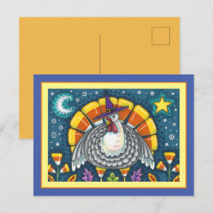 FOLK ART CANDY CORN TURKEY PILGRIM, THANKSGIVING POSTCARD