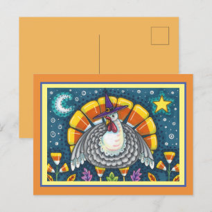 FOLK ART CANDY CORN TURKEY PILGRIM, THANKSGIVING POSTCARD