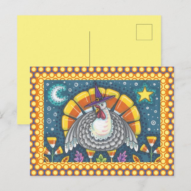 FOLK ART CANDY CORN TURKEY PILGRIM, THANKSGIVING POSTCARD (Front/Back)