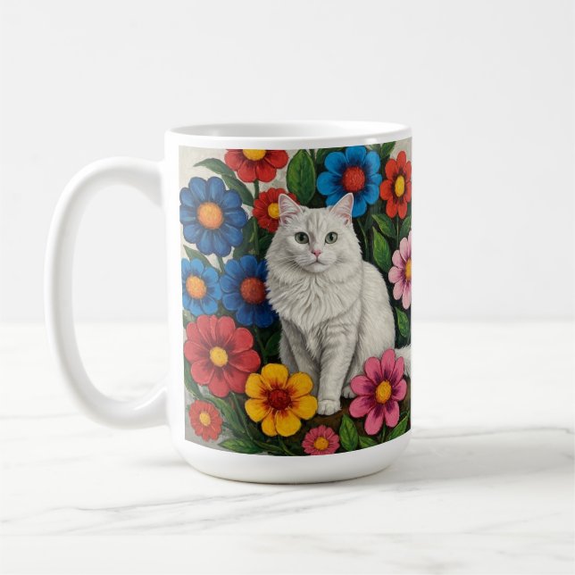 Folk Art Cat and Flowers Coffee Mug (Left)