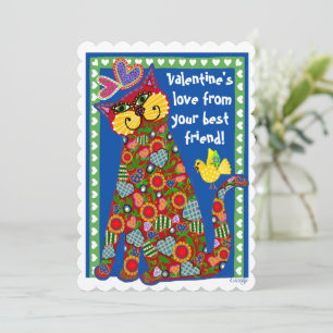 Folk Art Cat Flat Valentine Card