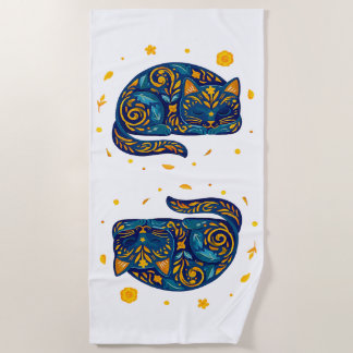 Folk Art Cat in Blue Beach Towel