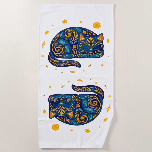 Folk Art Cat in Blue Beach Towel (Front)