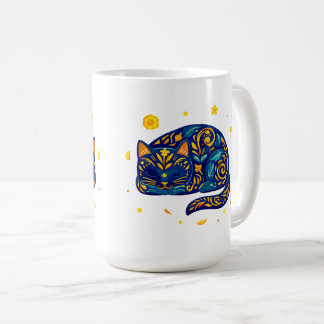 Folk Art Cat in Blue Coffee Mug