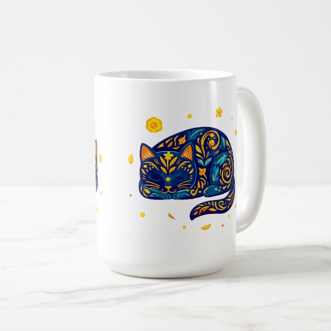Folk Art Cat in Blue Coffee Mug (Front Right)