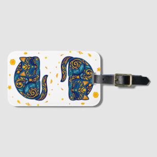 Folk Art Cat in Blue Luggage Tag