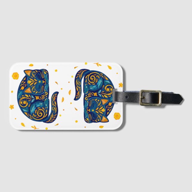 Folk Art Cat in Blue Luggage Tag (Front Horizontal)