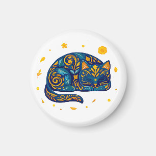 Folk Art Cat in Blue Magnet
