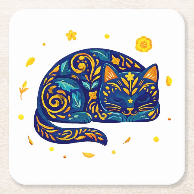 Folk Art Cat in Blue Square Paper Coaster (Front)