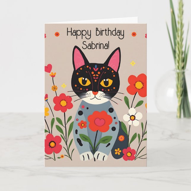 Folk Art Cats and Flowers Personalised Birthday Card (Front)