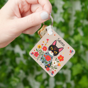 Folk Art Cats and Flowers Personalised Key Ring