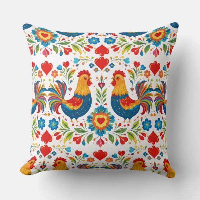 Folk art chicken floral pillow (Front)