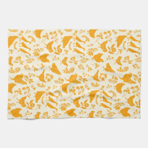Folk Art Chickens & Ducks in Goldenrod Yellow Tea Towel
