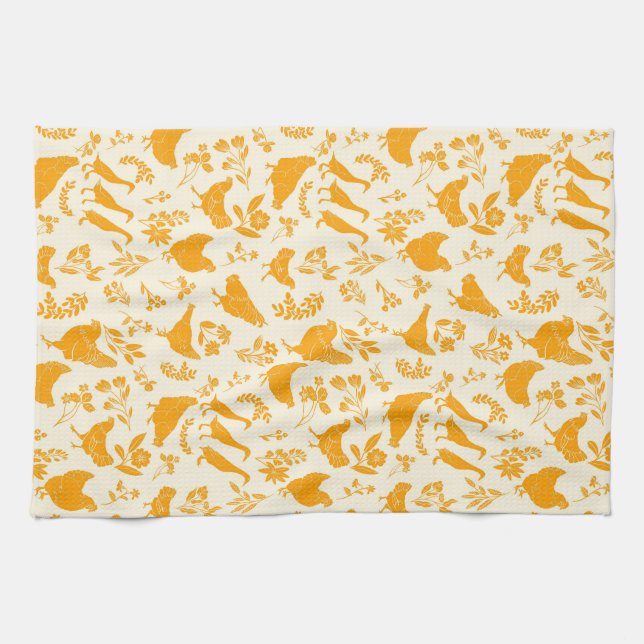 Folk Art Chickens & Ducks in Goldenrod Yellow Tea Towel (Horizontal)
