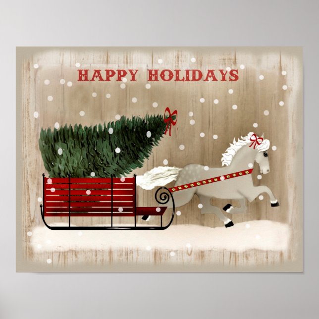 Folk Art Christmas Horse and Sleigh snow scene Poster (Front)