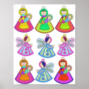 Folk Art Christmas Ornaments Mary Jesus Angels Poster