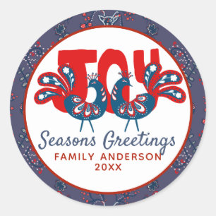 Folk Art Christmas Scandinavian Bird Red Blue Classic Round Sticker