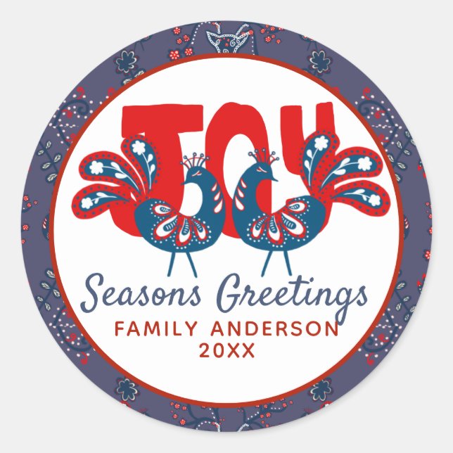 Folk Art Christmas Scandinavian Bird Red Blue Classic Round Sticker (Front)