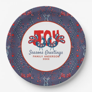 Folk Art Christmas Scandinavian Bird Red Blue Paper Plate