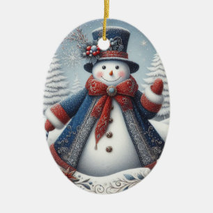 Folk Art Christmas Snowman Ceramic Tree Decoration