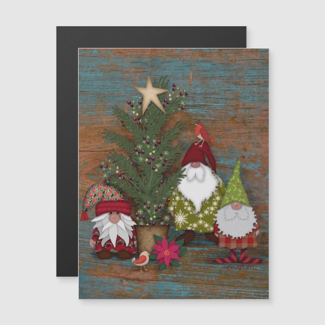 Folk Art Christmas Tree and Gnomes Decoration Magnetic Invitation (Front/Back)