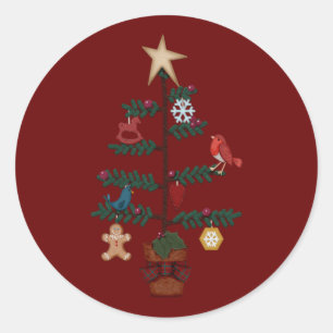 Folk Art Christmas Tree   Felt Ornaments Classic Round Sticker
