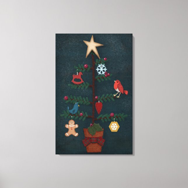 Folk Art Christmas Tree With Felt Look Ornaments Canvas Print (Front)