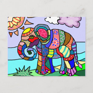 Folk art colourful artistic elephant painting postcard