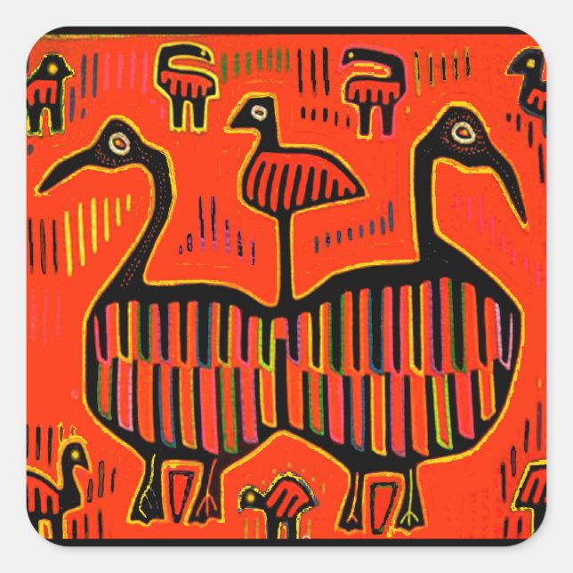 Folk Art Colourful Birds Square Sticker (Front)