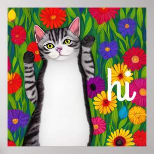 Folk Art Colourful Cat and Flowers saying Hi AI ar Poster