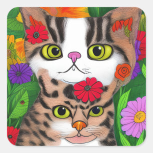 Folk Art Colourful Cat and Kitten Square Sticker