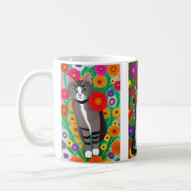 Folk Art Colourful Cats and Flowers | AI art Coffee Mug (Left)