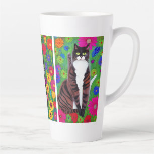 Folk Art Colourful Cats and Flowers   AI art Latte Mug