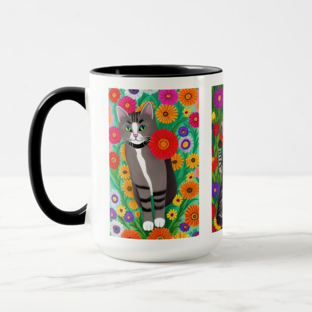 Folk Art Colourful Cats and Flowers | AI art Mug (Left)