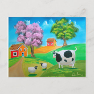 Folk art colourful cow and sheep painting postcard