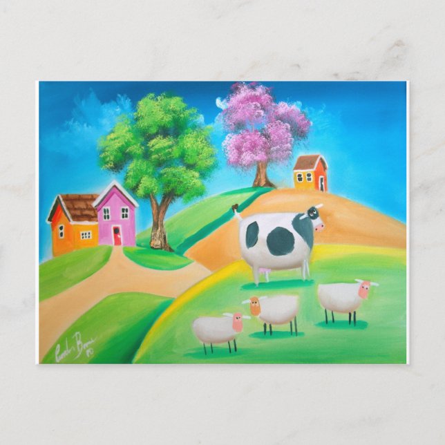 Folk art colourful cow and sheep painting postcard (Front)