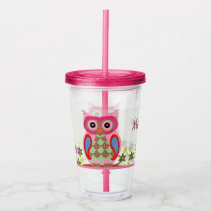 Folk Art Colourful Patchwork Owl Acrylic Tumbler