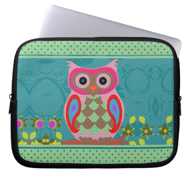 Folk Art Colourful Patchwork Owl Laptop Sleeve (Front)