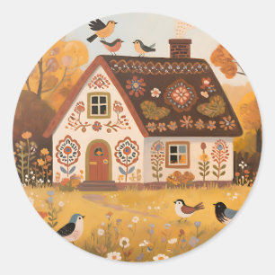 Folk Art Cottage Birds Autumn Classic Round Sticker