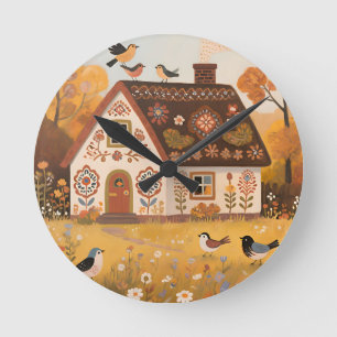 Folk Art Cottage Birds Autumn Round Clock
