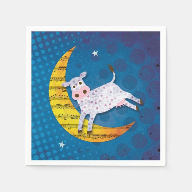 Folk Art Cow Jumped Over the Moon Nursery Rhyme Napkin (Front)