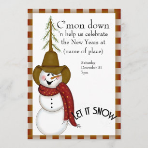 Folk Art Cowboy Snowman New Years Invitation