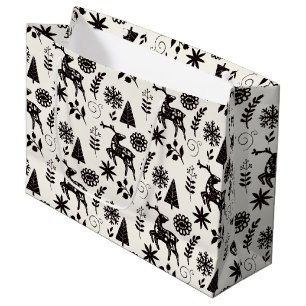 Folk Art Deer Botanical Black and White Large Gift Bag