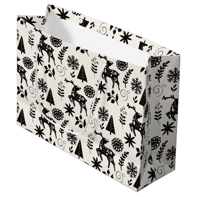 Folk Art Deer Botanical Black and White Large Gift Bag (Front Angled)