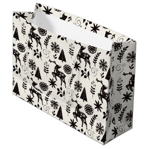 Folk Art Deer Botanical Gray Black Large Gift Bag