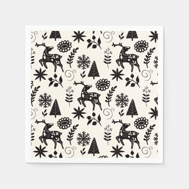 Folk Art Deer Forest Black and White  Napkin (Front)