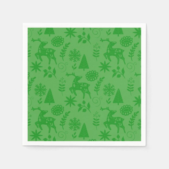 Folk Art Deer Forest Green Napkin (Front)