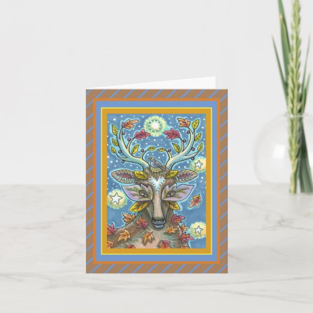 FOLK ART DEER IN AUTUMN FOREST, BIRD NEST Blank Card (Front)