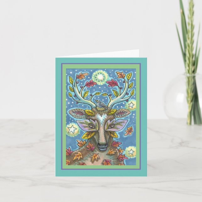 FOLK ART DEER IN AUTUMN FOREST, BIRD NEST Blank Card (Front)
