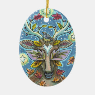 FOLK ART DEER IN AUTUMN FOREST, BIRD NEST & MOON CERAMIC TREE DECORATION